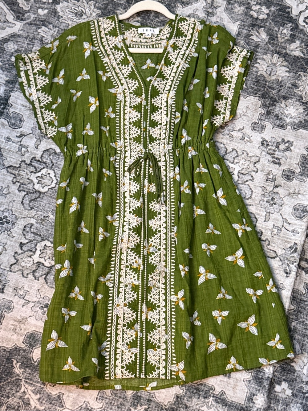THML Lightweight Olive Green Floral Print Midi Dress with Cream Embroidery